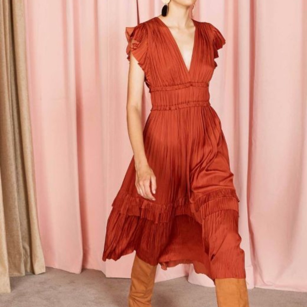 Ulla Johnson Bella Rust Pleated Midi Dress